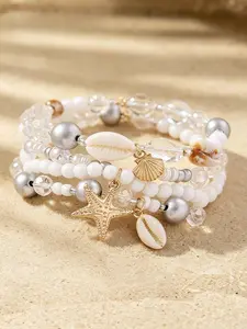 Boho Beach Party Jewelry Set, Handmade Shell & Starfish Pendants, Elastic Multi-Layer Beaded Bracelets, Perfect Gift for Women