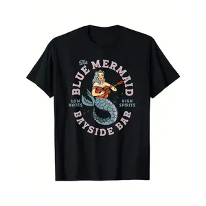 Men's Vintage Mermaid & Guitar Graphic T-Shirt - Pure Cotton, Round Neck, Short Sleeve, "The Blue Mermaid Bay Side Bar" Print, Casual Summer Wear