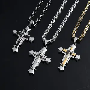 Men's fashion stainless steel three-layer cross pendant necklace, personalized for men, 24-inch Cuban chain, men's religious jewelry gift