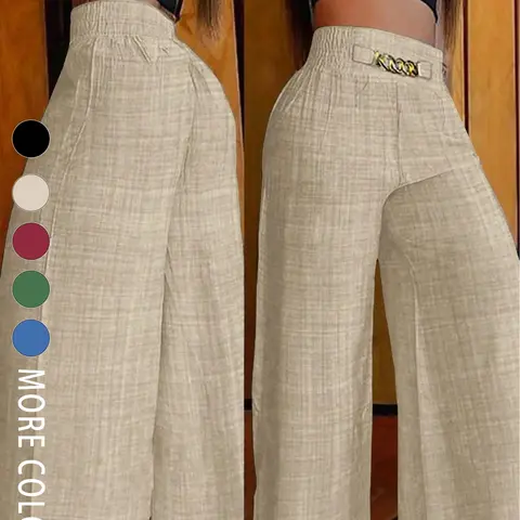 Women's Solid Color High-Waisted Pants, Casual Stretchable Loose-Fitting Wide-Leg Trousers, Versatile Basic Suitable for All Occasions Womenswear, Casual Lounge Pants