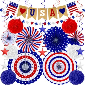 26 count 4th of July Decorations, 250th Memorial Day Red White Blue Paper Fans Decorations, 4th of July Banner Pompom Garland and  Swirls Set for Fourth of July Independence Day Decor