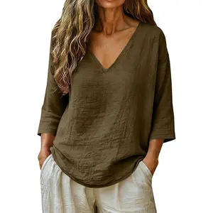Womens Summer Gauze Tops Casual Linen Cotton Tunic Blouse 3/4 Sleeve V Neck Peasant Shirts Beach Vacation Tees