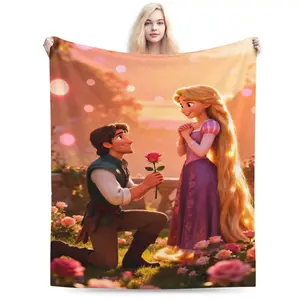 DISNEY CLASSIC Rapunzel and Flynn Rider Throw Blanket – Romantic Tangled Scene with Rose Proposal, Sunset Garden Background, Soft Fleece Blanket for Kids or Bedroom Decor