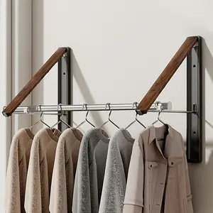 Vintage Foldable Wall-Mounted Clothes Rack, Walnut Texture + Space Aluminum Stand Design, Adjustable Retractable Clothing Rod, Home Storage Organizer