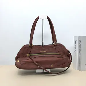 Pre-owned miu miu Calfskin Top Handle Bags Vintage Dark Brown Distressed Leather Boston Handbag With Braided Strap B8062501
