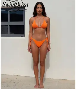 Briza｜Women's Bright Orange Two Piece Bikini Set Pool Beach Swimwear Ribbed Triangle Tie-Side String Bathing Suit for Summer Vacation Resort Cruise Confidence, Women's Swimwear, Bathing Suit for Women, Two Piece Bathing Suit, Resort Cruise Beachwear