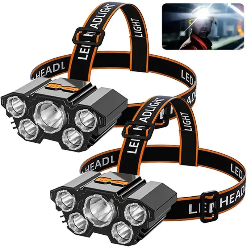 Bright Coast Waterproof Headlamp 2-Piece Sets, USB-Charge Rechargeable, 4 Lighting Modes, 5 Super Bright Lamp Beads, 180-Degree Adjustable Forehead/Hard Hat Light for Adults, Outdoor Camping Supplies