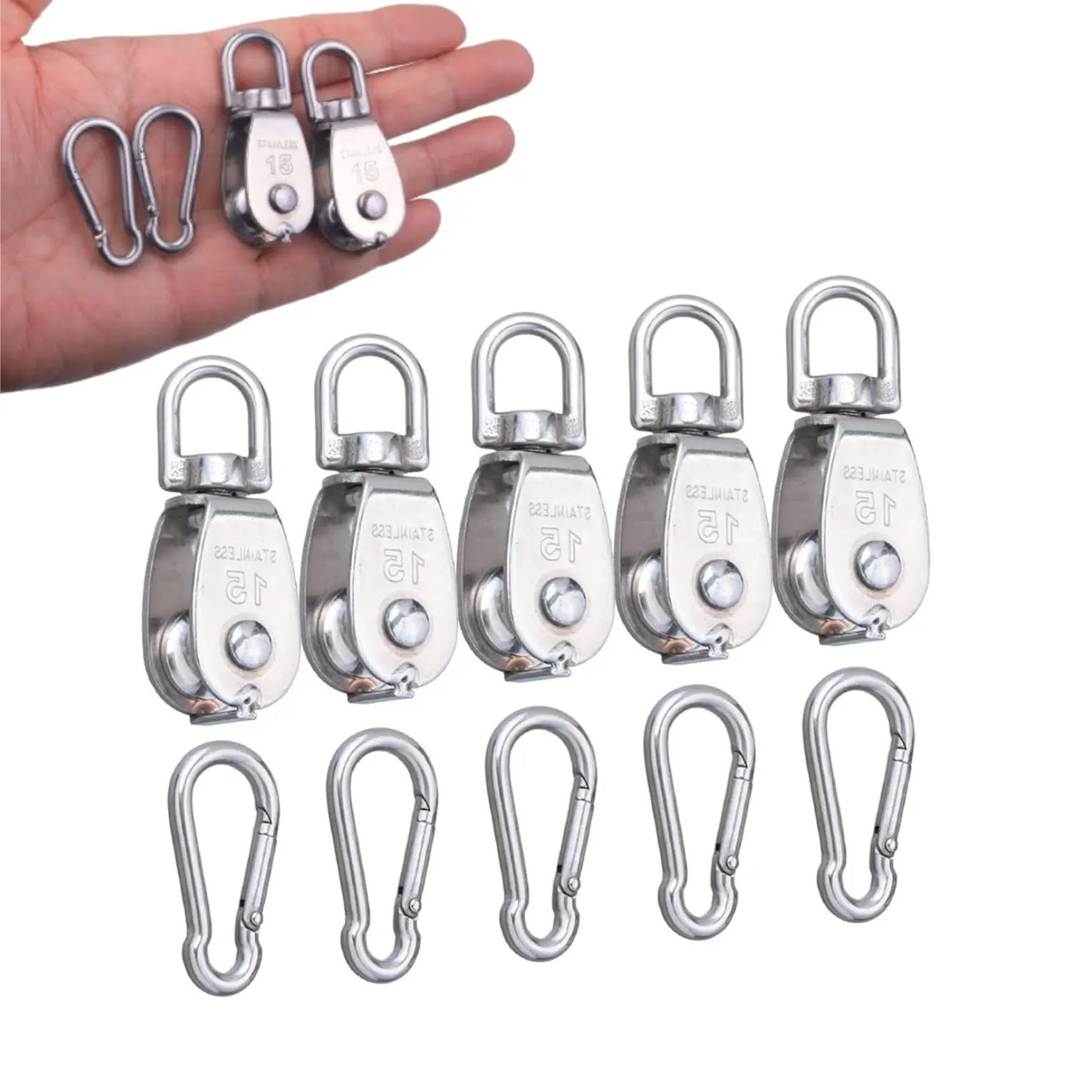 Home Improvement 5Pcs M15 304 Stainless Steel Single Pulley Blocks - 360° Free Rotation, 45kg Load Capacity, Wire Cable Hanging Towing Wheels with 5Pcs Spring Snap Hooks for Curtains, Building Supplies, Wallpaper & Wall Trim, Key Chains, Clothesline