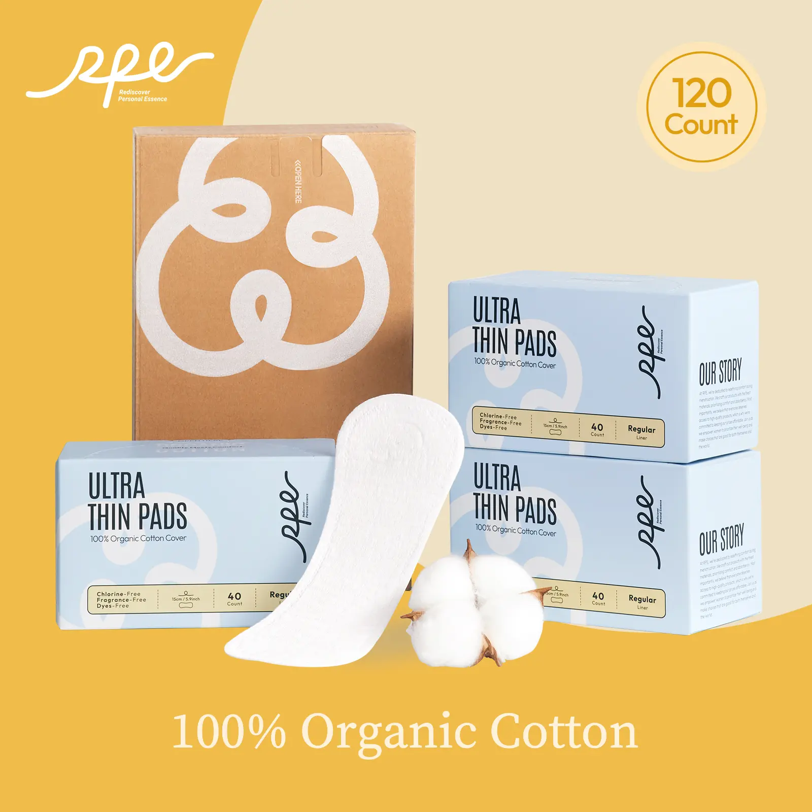 RPE Life Regular / Panty Liners - 100% Organic Cotton - 120ct, Extra Soft, Ultra Absorbent, Period Liner Pads, Daily Comfort, and Light Protection, Large Value Pack, First-Time Friendly