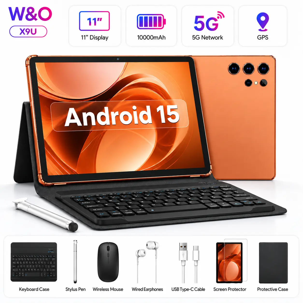W&O 2026 Touchscreen Android 15 Tablet - 11" High-Resolution Display, Big Storage, 10000mAh Battery, 5G WiFi, GPS, Portable Tablet with Keyboard, Mouse, Case & Stylus, Ideal for School, Work & Streaming