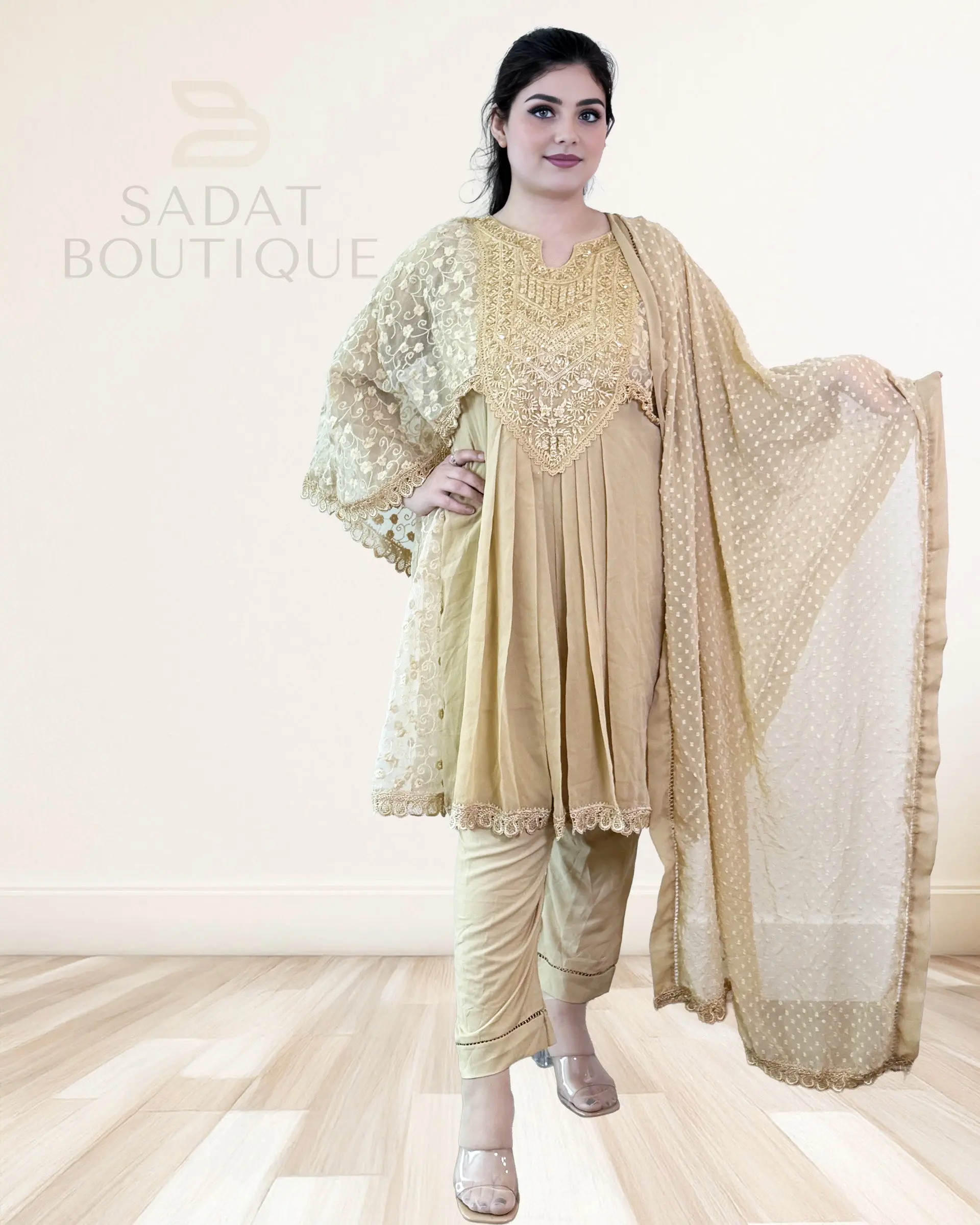 Golden Beige Embroidered Cape Kurti Set – 3-Piece