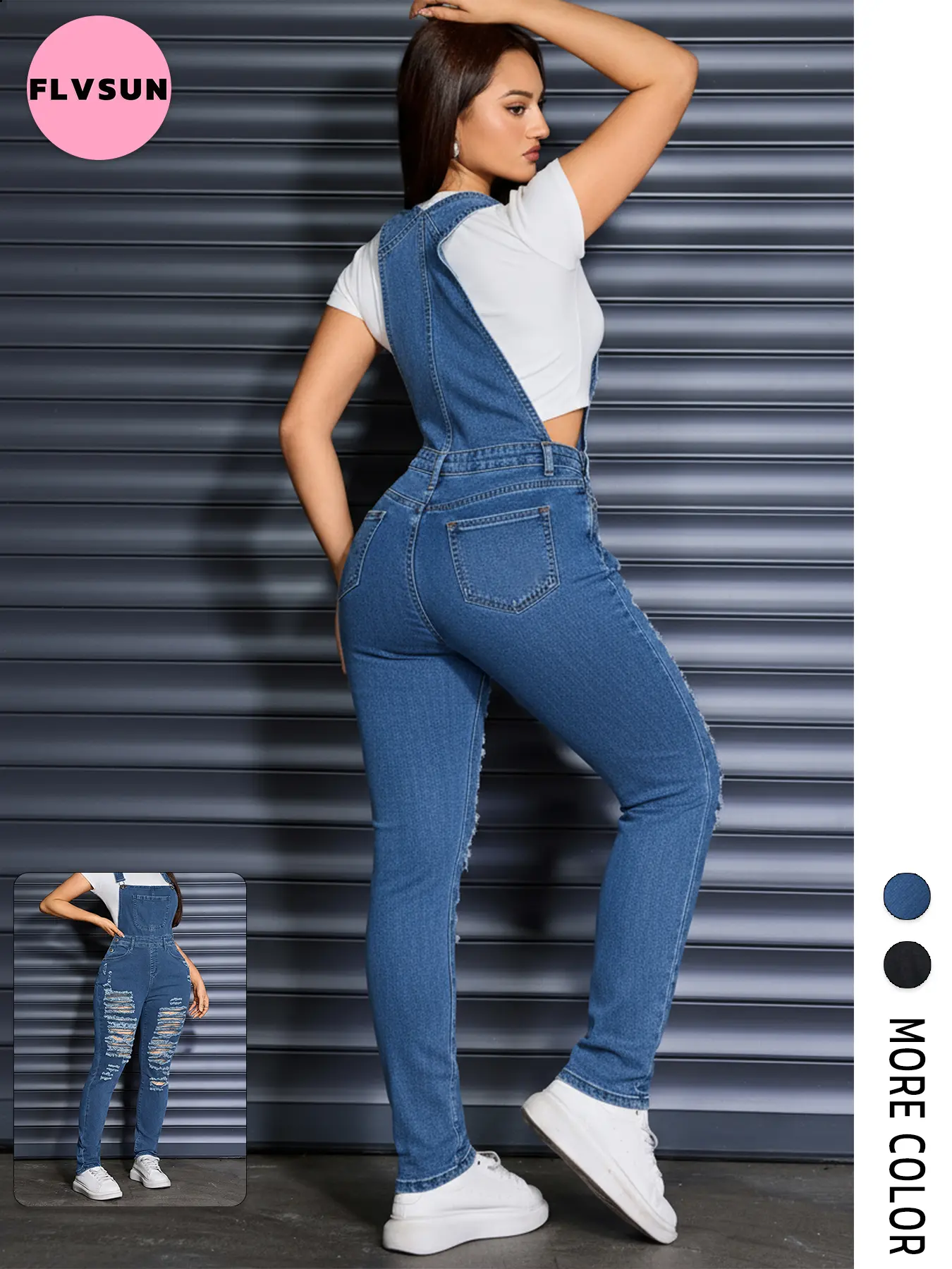 Flvsun Women's Lady Sleeveless Stretch Polyester Denim Bib Overalls - Slim-Fitting, Ankle-Length, Plain, Ripped, Adjustable Straps-Buckle, 5-Pocket, All-Season, 90s Casual Curve-Flattering Jumpsuit