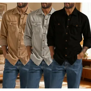 Men's Denim-Inspired Cardigan Shirt - Lightweight Cotton Fabric for Spring & Fall, Long Sleeve Patchwork Top in Black & Beige shirt jacket