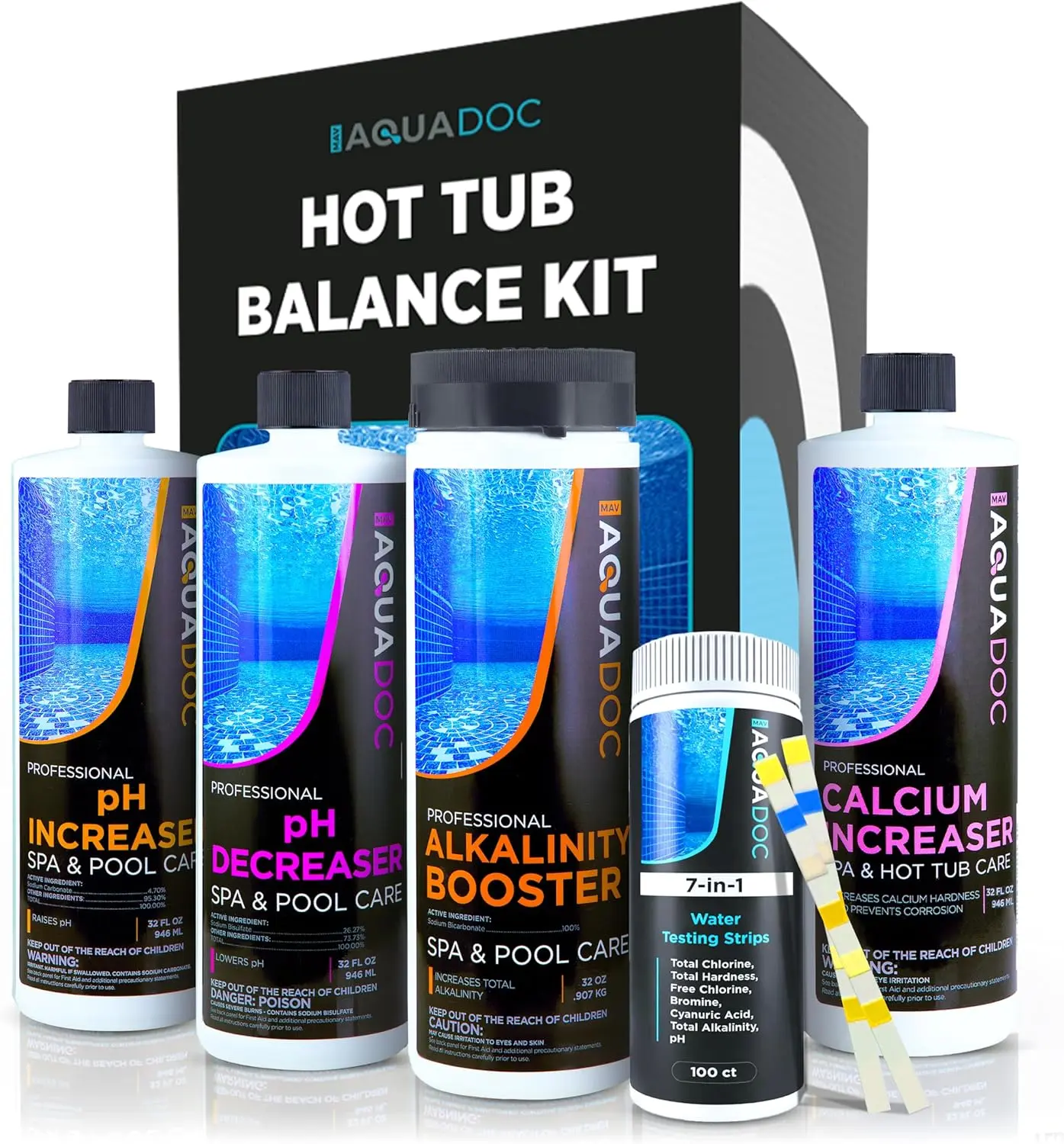 AquaDoc Hot Tub Pool Water Balance Starter Kit - Pool Balancers with pH Adjuster, Alkalinity Booster, Calcium Enhancer, 100 Test Strips - Compatible with Chlorine, Bromine - Made in USA, Hot Tub Pool Pool Balancers