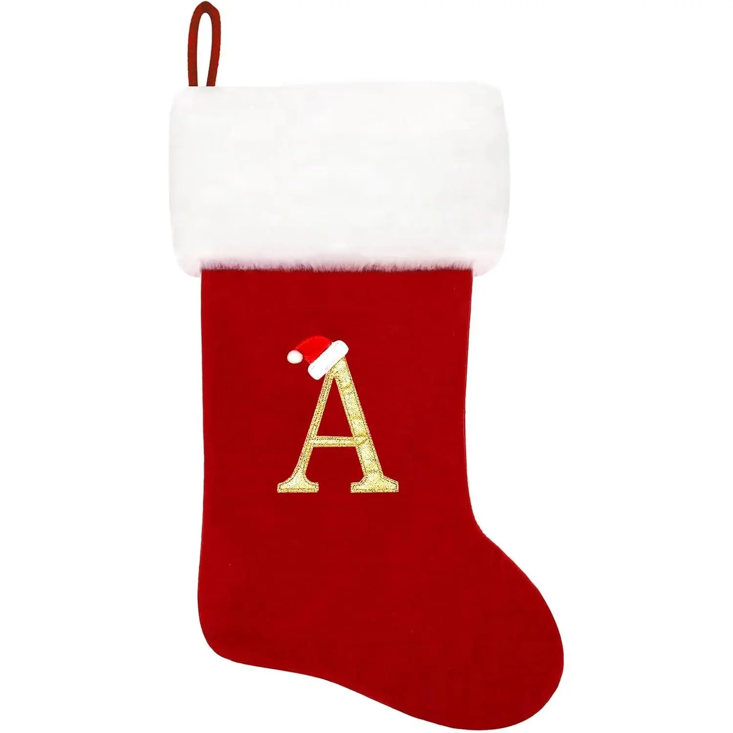 20-Inch Red Velvet Christmas Stocking - White Super Soft Plush Cuff, Embroidered Letter A, Personalized Indoor Decoration for Family Holiday Home Festive Supplies (with Embroidery), 20 Inches