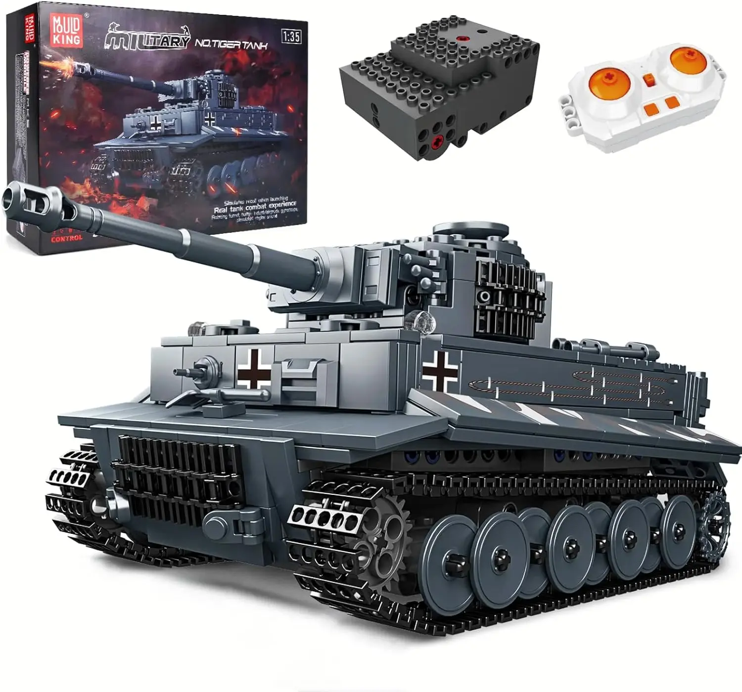 Mould King 20014 RC Tiger Tank MOC Military Model Kit, Large Remote-Operated STEM Building Blocks with Gyro-Stable Drive, Do-It-Yourself Gift Ideas for Kids/Teens, Easy-Assembly Unisex Toy