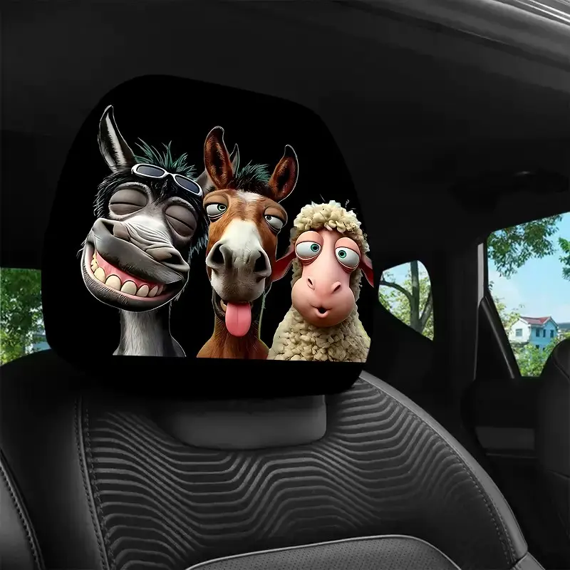 2pcs Donkey, Mule and Sheep Pattern Car, Vehicle headrest covers, Universal, easy to install, durable car interior seat accessories, Suitable for daily commutes and travel, gifts for car enthusiasts, holiday presents, Car Interior Accessory