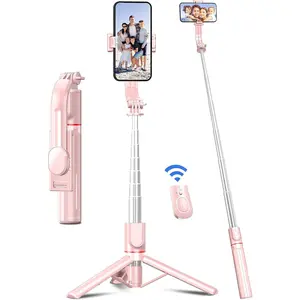41'' Tripod for Phone, Extendable Stick with Wireless Remote, Aluminum Cell Phone Tripod Stand 360°Rotate Lightweight & Portable Compatible with iPhone/Android (Pink)