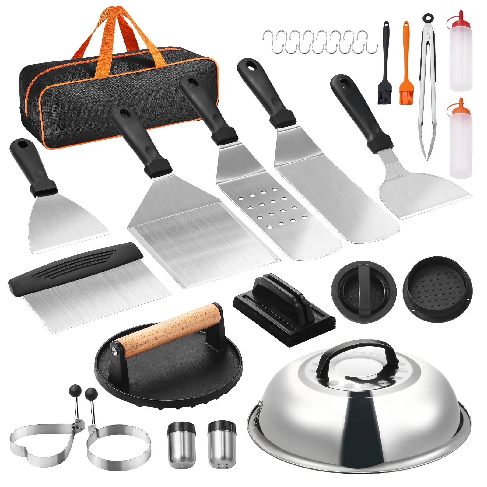 VEVOR 28PCS Griddle Accessories Kit,  Flat Top Grill Accessory, Enlarged Spatula Gift Set, Stainless Steel Grilling Tools with Basting Cover, Tong, Burger Press, Carry Bag, for Outdoor BBQ Teppanyaki,dorm essentials,home decor