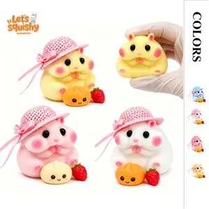 Letsssquishy Handmade Taba Hamster Squishy Toy, Ultra-Soft Silicone Squeeze Sensory Fidget Toys, Cute Mochi Desk Decor for Stress Relief, Great Gift with Mini Strawberry, Dumpling & Hat Accessories