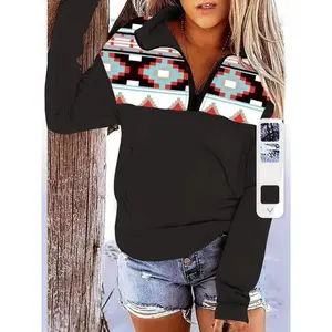 Aztec Print Half Zip Pullover Sweatshirt, Casual Long Sleeve Crew Neck Sweatshirt For Fall & Winter, Women's Clothing