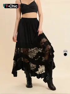 Rusttydustty Women's Black Lace Patchwork Ruffled Loose Flowy Midi Skirt Elegant Vintage Asymmetric Hem boho easter beach outfits hawaii Coachella Music Festival Tropical vacation