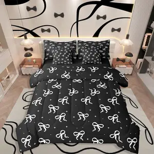 Black and White Bow Bedding Set,7-Piece for Girls Women Black Coquette Comforter Set with Sheets