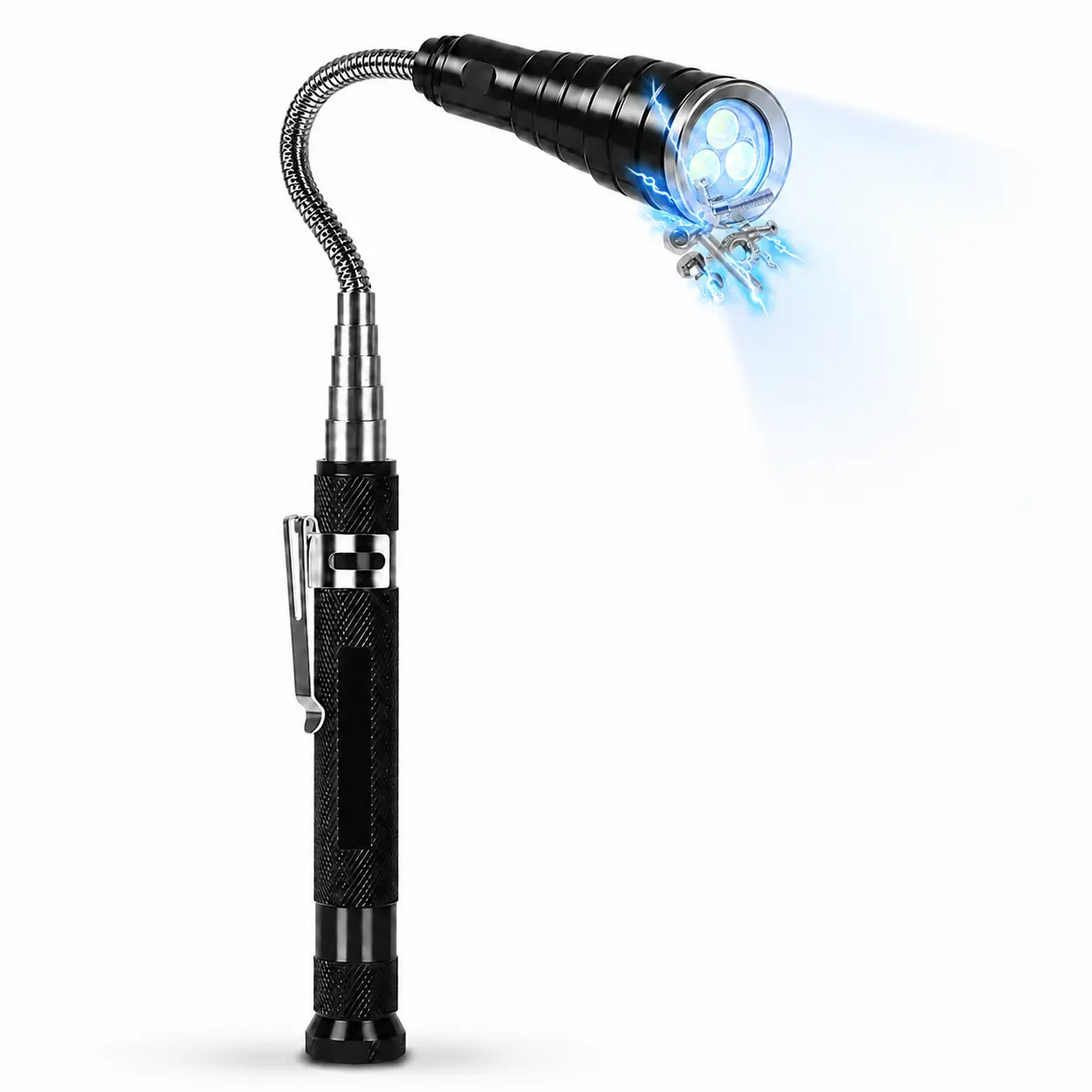 22-Inch Battery-Powered Telescopic Pickup Tool - Built-in LED Light, 360° Flexible Neck, Magnetic Head & Base, Compact Clip, Telescopic Pen, 4×LR44 Batteries Included - Hand Tool Accessories for Auto Repair, Diy Tools, Hardware Work Accessories