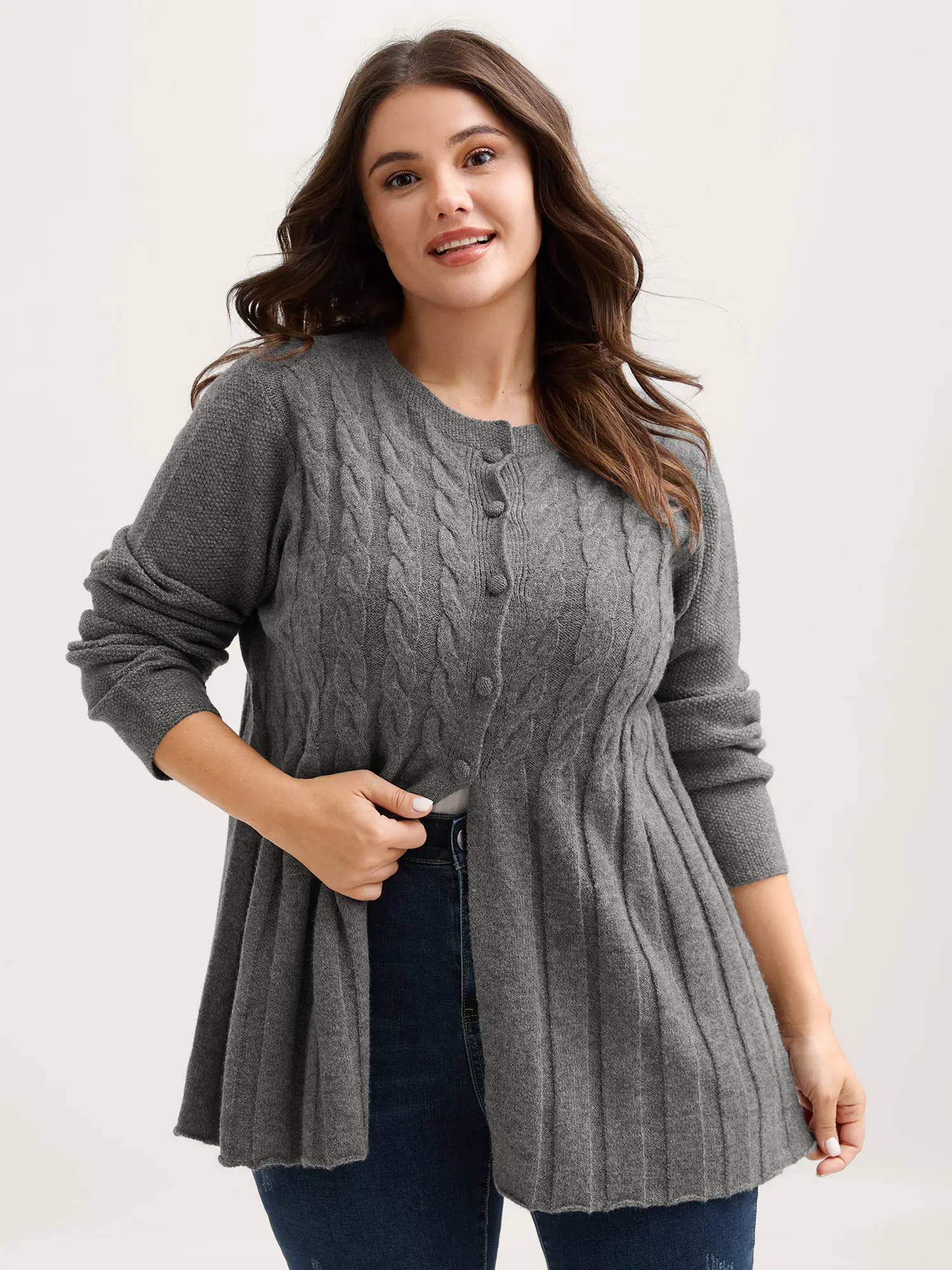 BloomChic Women's Plus Sizes Casual Cable Knit Cardigan - Oversized Long Sleeve Button-Front Wool-Polyester Blend Top for Everyday Outfits, Style