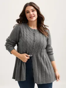 BloomChic Women's Oversized Cable Knit Round Neck Button Cardigan - Long Sleeve Loose Wool Garment, Minimalist Casual OL Style Dark Gray Lady Top for Basic Outfits, Flat Elegant Knitwear Swimweek