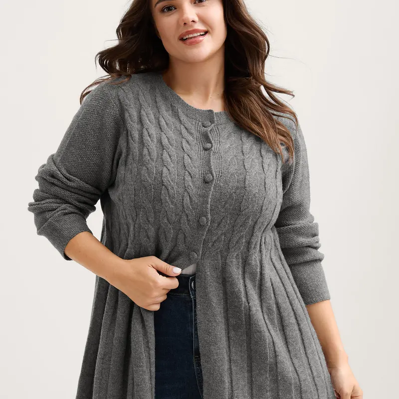 BloomChic Cable Knit Round Neck Button Knit Cardigan 【M-6XL】