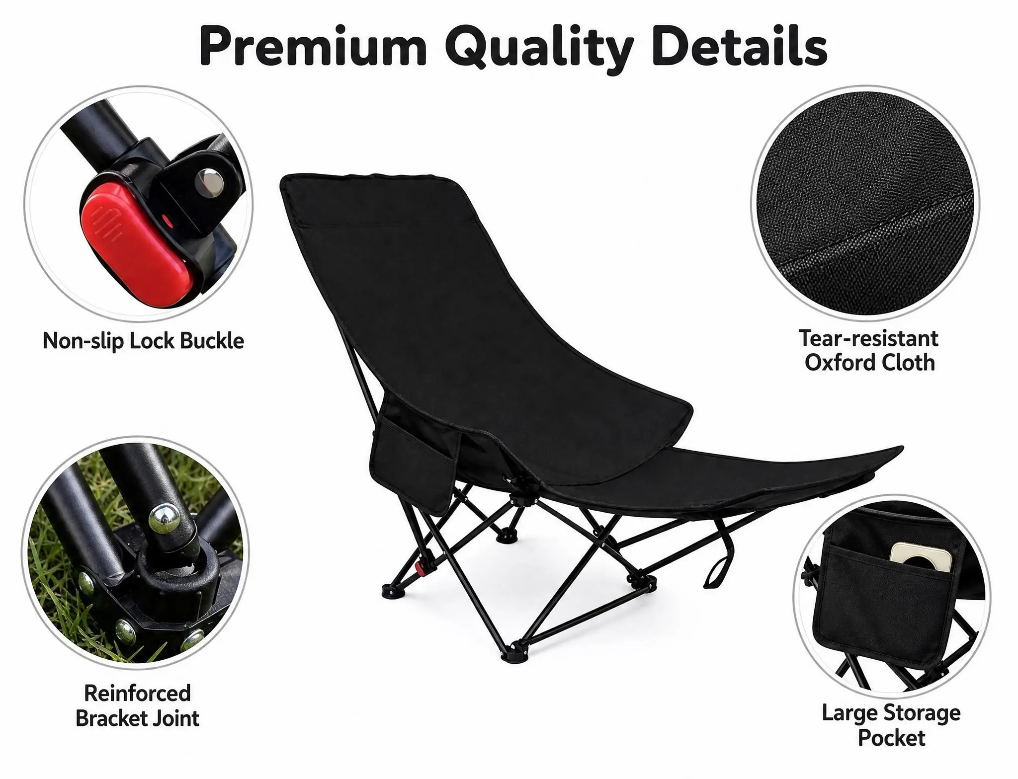 Unisex Portable Folding Moon Recliner Chair for Outdoor Camping & Hiking, 4-Position Adjustable Back, Removable Footrest, Soft Cushion, Compact Carry Bag, 1-Pack Black Hiking Gear Lounge Chair, Camping Lounger, Folding Portable Chair