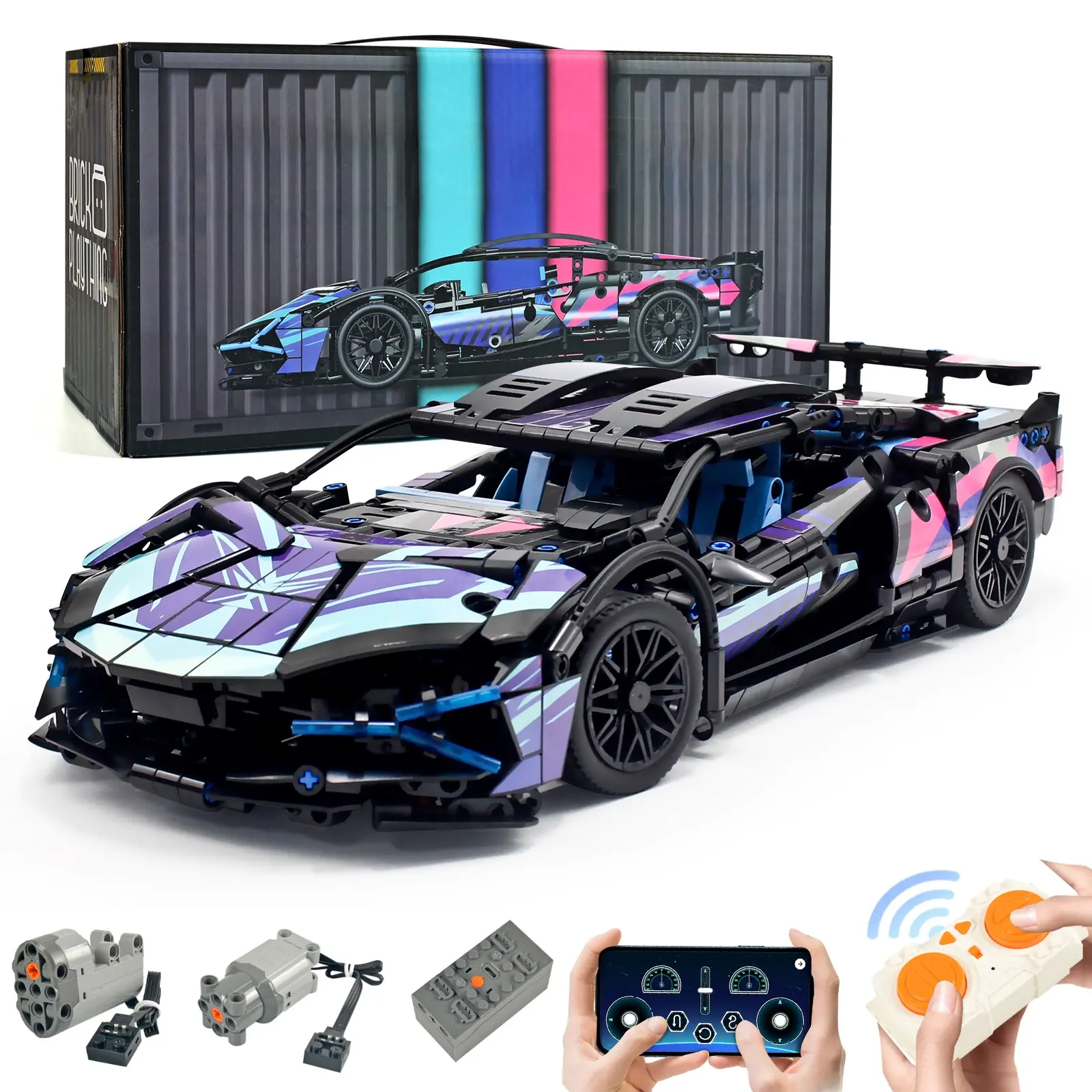 Cyberpunk Remote Controlled Technical Building Toy Kit, 1:14 Sports Racing Car with Motors & Rechargeable Battery, Gift for Kids 12+ & Adults