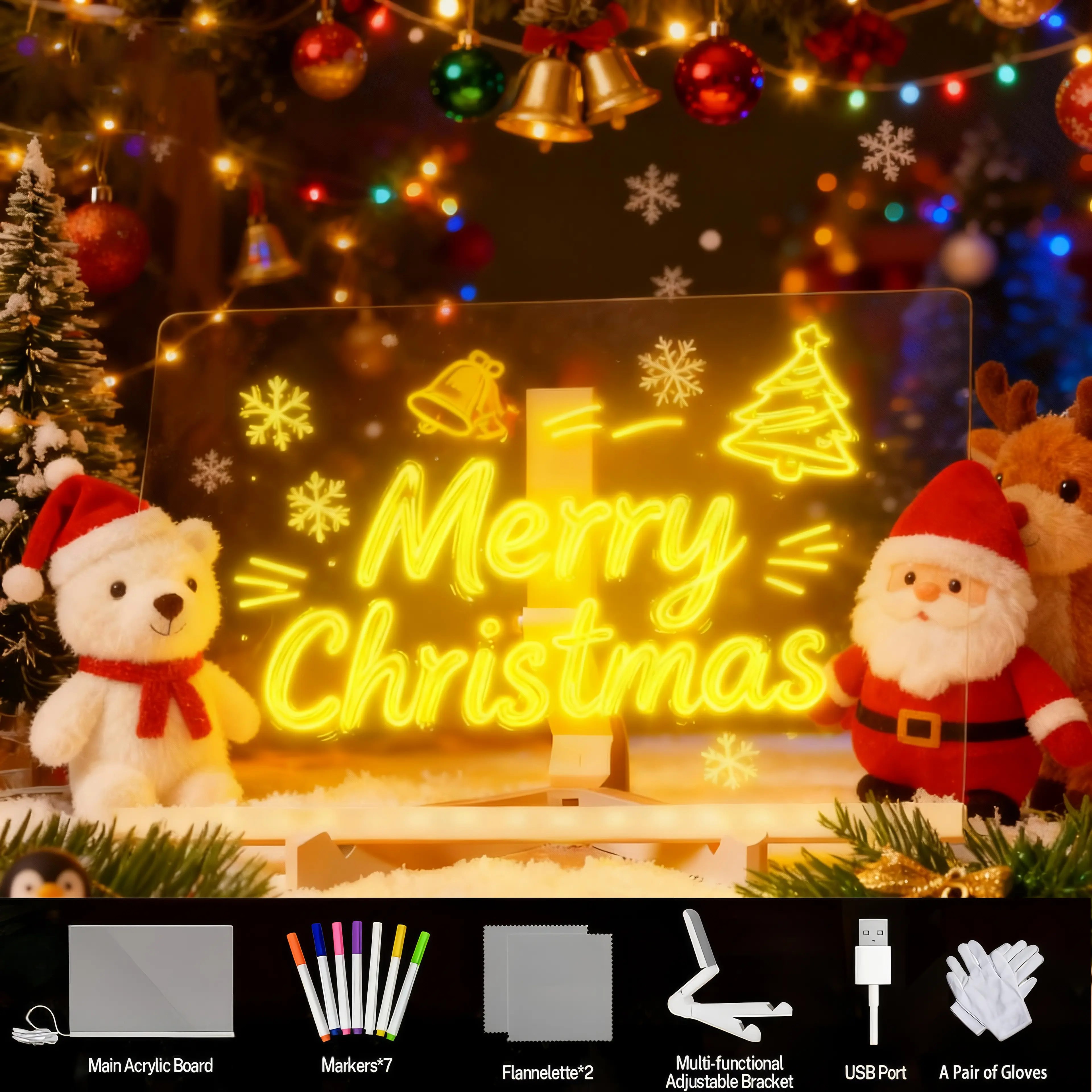 Snofrid LED Message Board Acrylic Dry Erase Light-Up Board with Stand Markers Cleaning Cloths Tracing Paper Erasable Reusable Kids Learning Gift for Birthday Halloween Christmas Decorative Neon Sign