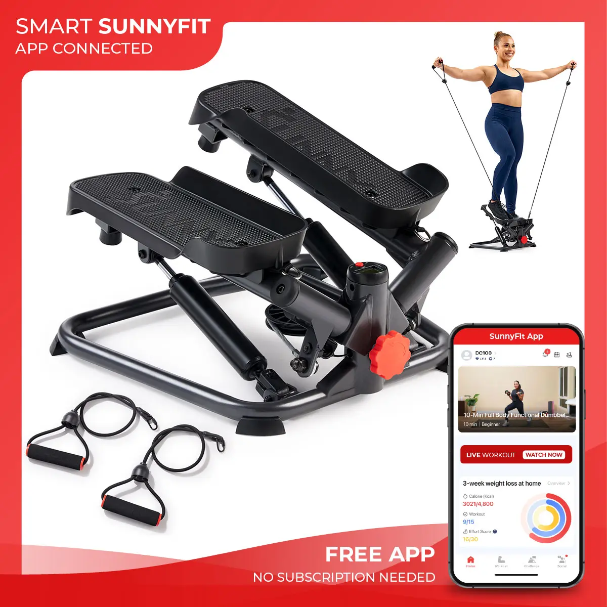 SUNNY Mini Twist Stepper with Resistance Bands Whole Body Workout Home Gym Fitness Equipment for Leg Glute Thigh and Core Training Adjustable Resistance Height Stabilizer Performance Monitor Compact Portable Cardio Machine Smart Standard Pro Options