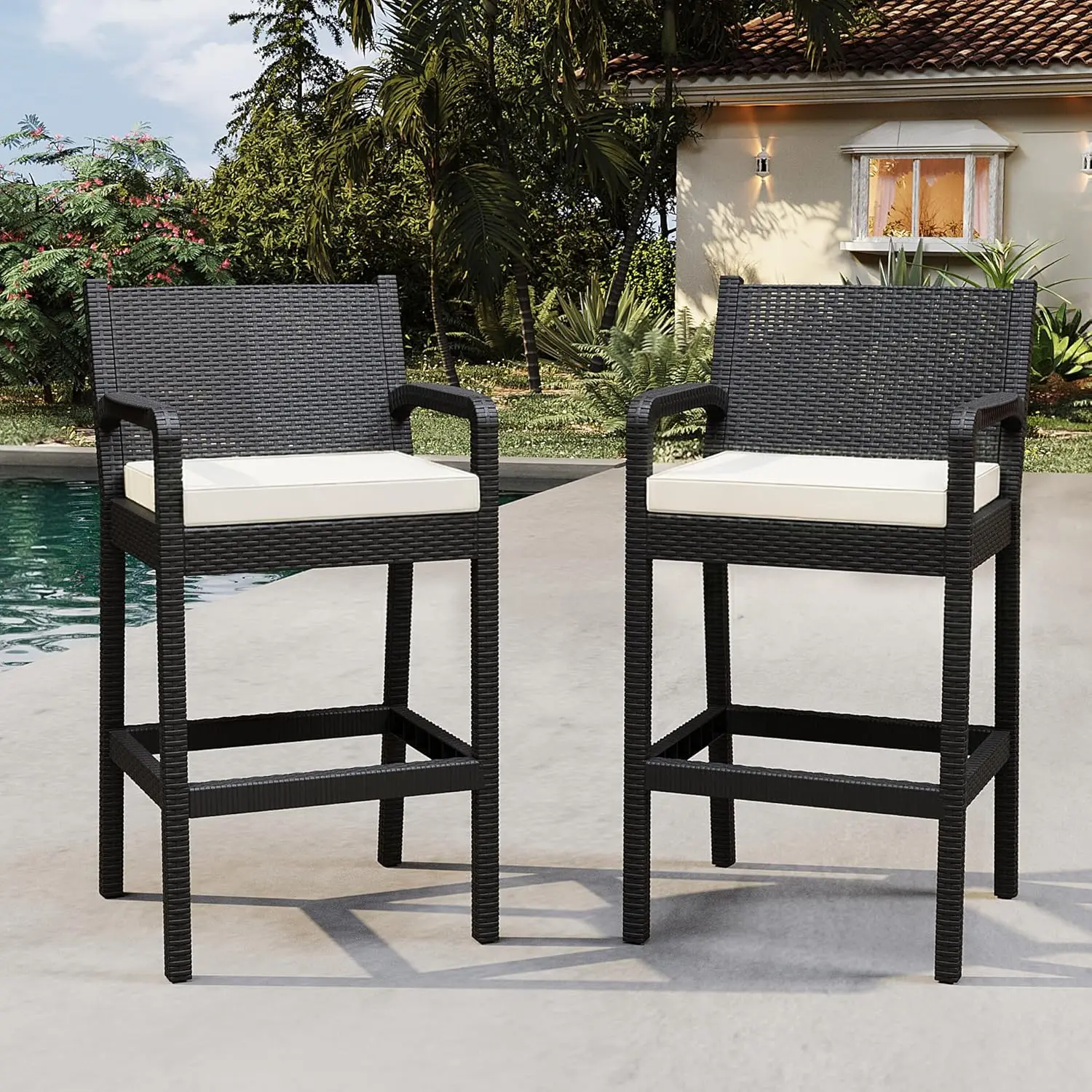 30" Outdoor Wicker Bar Stools Set of 2 – Patio Bar Chairs with Arms & Comfort Cushions – All-Weather, Durable – Perfect for Backyard, Balcony, Garden, Pool, Deck – Entertaining Ready