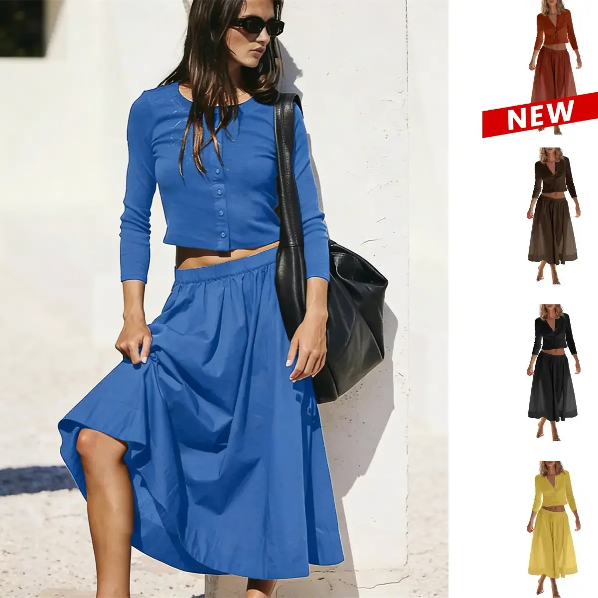 Woodberry Lady's 2-Piece Minimalist Basic Lounge Clothes Set - 3/4 Length Loose-Fitting Round Neck Knit Cardigan, Elastic Waist Midi Dress - Casual Vacation Summer Outfits, 3/4 Sleeve Modesty, Elastic Waist Ease, Crew Neck, Button, Cold Wash, Soft Blend,,