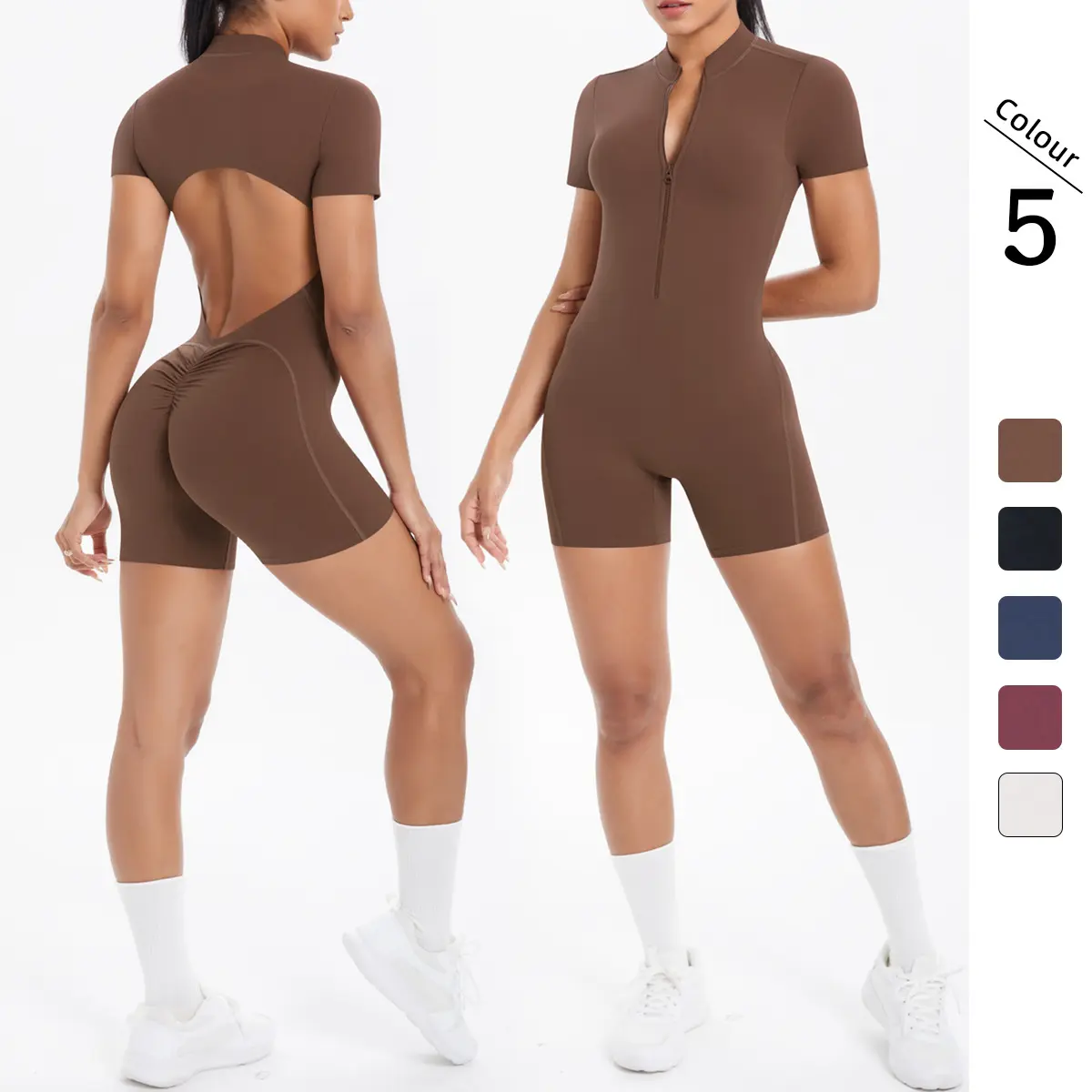New solid color zippered backless tight-fitting one-piece yoga suit, breathable sports running fitness jumpsuit