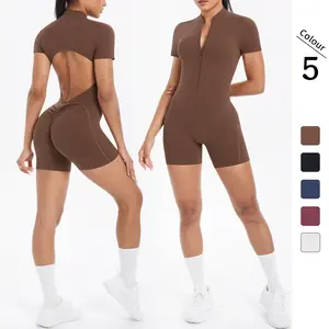 New solid color zippered backless tight-fitting one-piece yoga suit, breathable sports running fitness jumpsuit