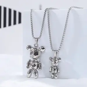 Printed Violent Bear Pendant Titanium Steel Necklace for Men Hip Hop Couple Sweater Chain for Women Niche Sweatshirt Accessory