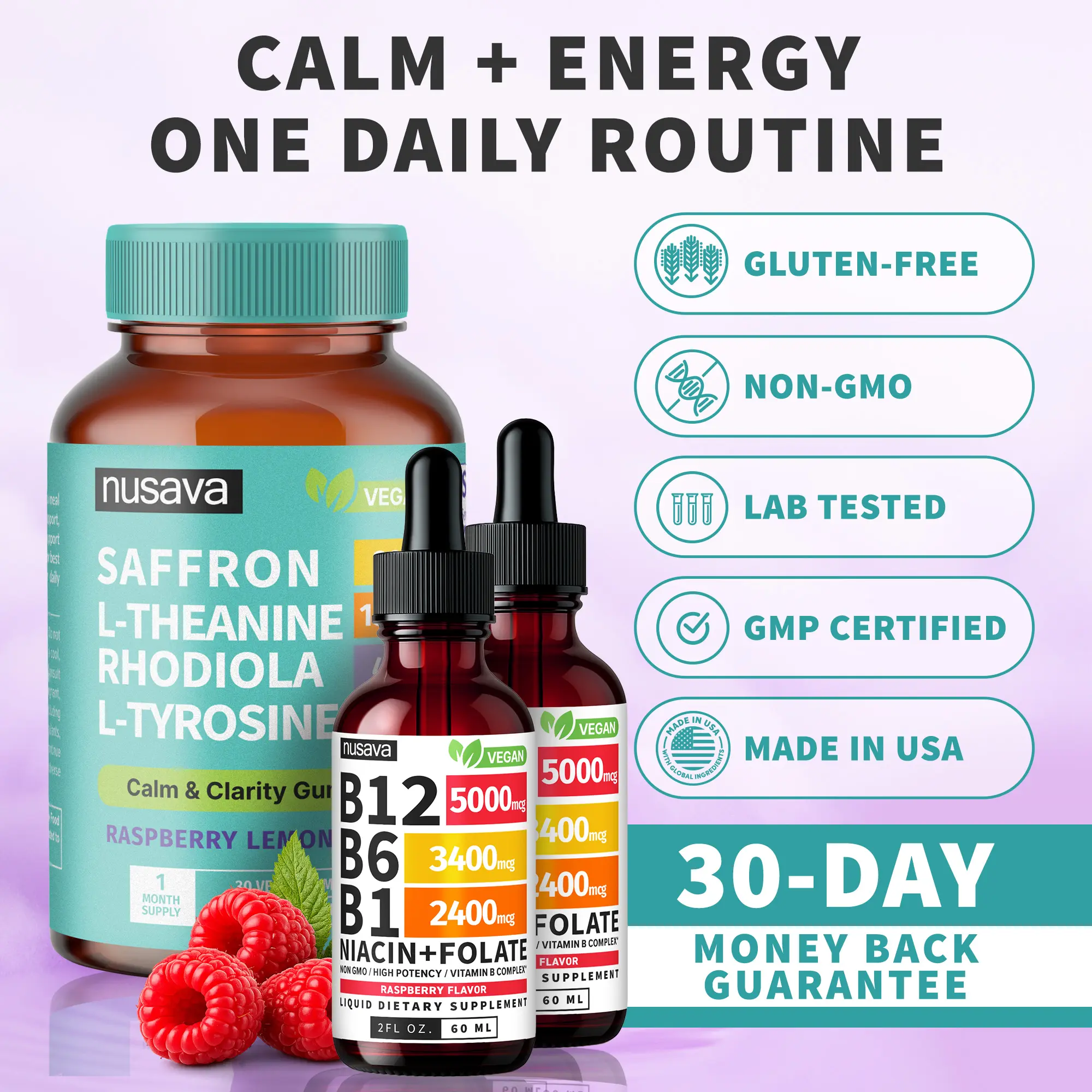 (3-PACK) NUSAVA Calm Energy Stack | Saffron Gummies + B12 Liquid Drops | Daily Mood, Focus & Sustained Energy Support | Saffron Extract, L-Theanine, Rhodiola + B12, B6, Folate | Vegan | Caffeine-Free | 2-Product Bundle
