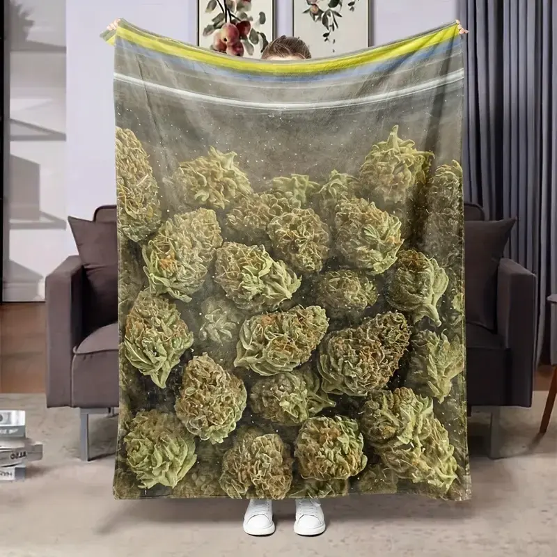 Soft Funny Throw Blanket Weed-Themed Digital Print Fleece Blanket-Polyester, Machine Washable, Featuring an Orange-Light Blue-White Striped Floral Design, Suitable for All Seasons, Lightweight And Warm for Beds, Sofas, Etc