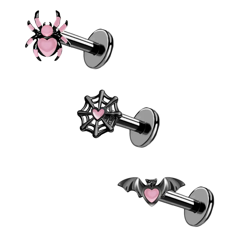 OUFER Pink Heart Spider/Bat Halloween Vibe 16G 3PCS Internally Threaded Cartilage Helix Stud Earrings
