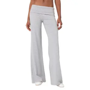 Women’s wide-leg fold-over pants, Y2K casual style, elastic waistband, flared/trumpet fit, form-fitting yoga leggings, cute GARMENTARY pants