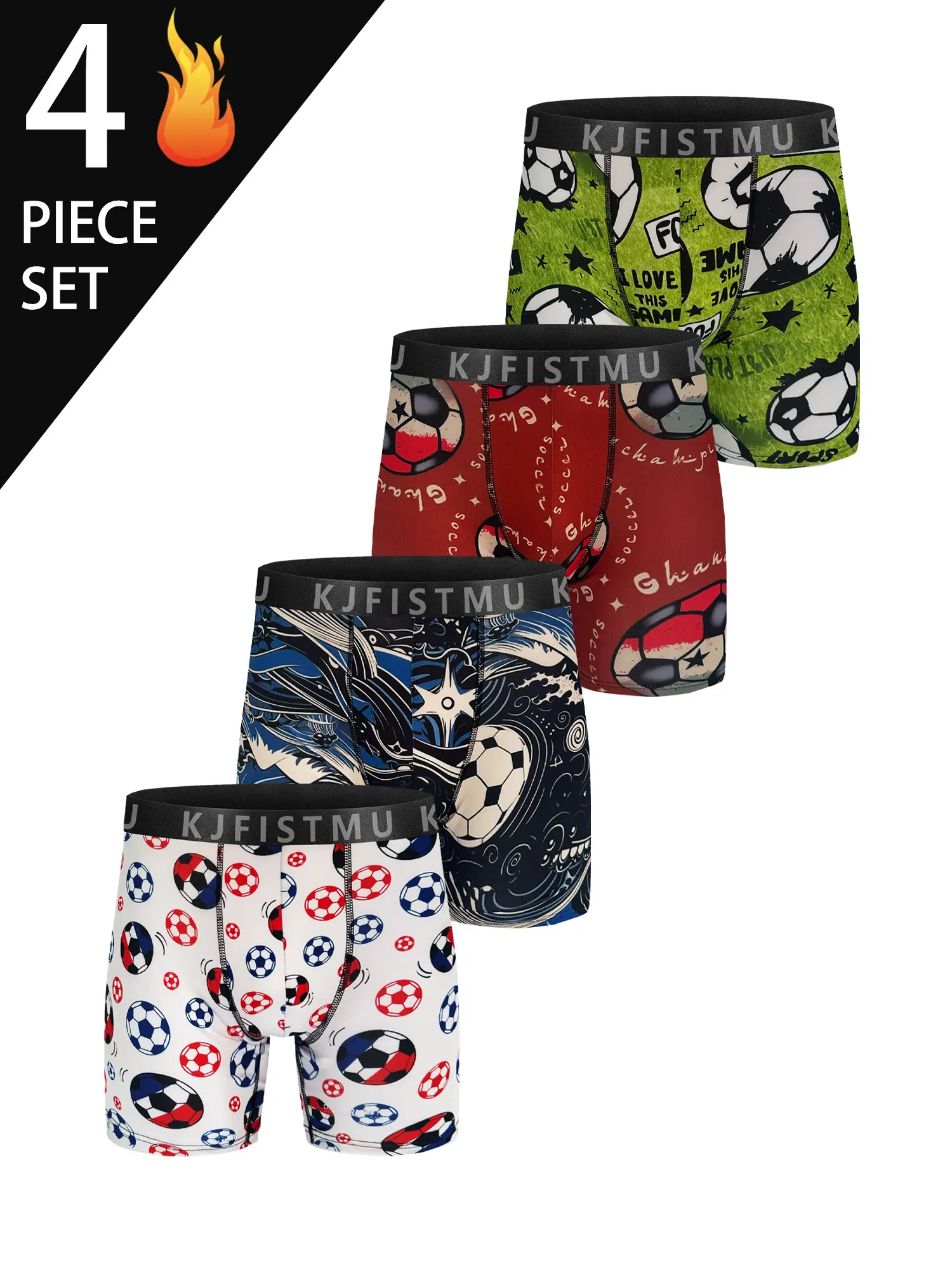 KJFISTMU Men's 4-Piece Soccer-Themed Boxer Briefs Set, Green Red Blue White with Unique Patterns