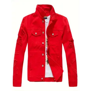 Men's Slim Fit Distressed Cotton Denim Jacket - White Ripped Motorcycle Style With Flap Pockets, Long Sleeve Casual Outerwear For Casual Attire