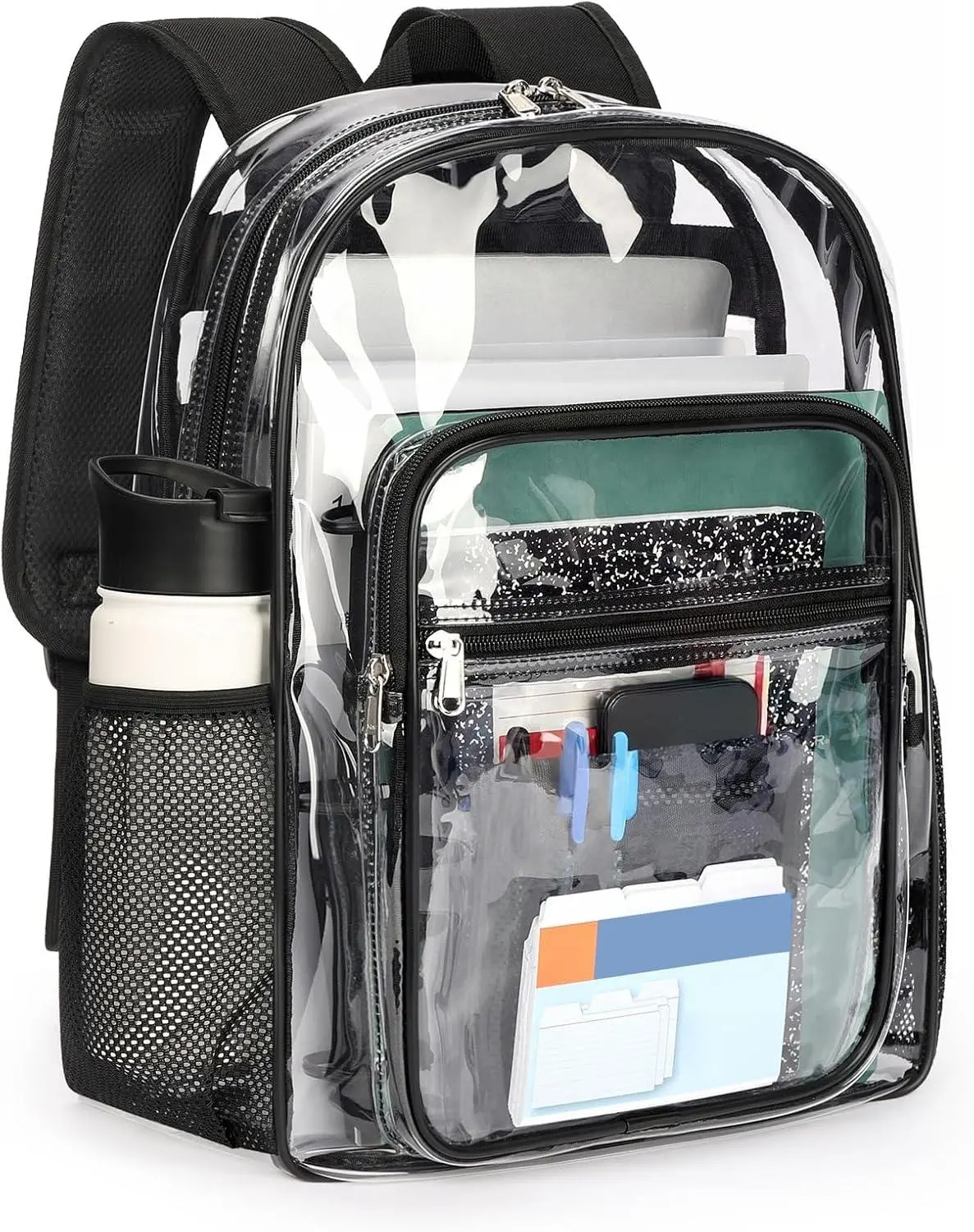 Clear Backpack Heavy Duty for School – 17In Transparent PVC Bag with Large Capacity & Reinforced Straps for Men, Women, Boys & Girls - See through Bookbag for College Workplace Security, Black