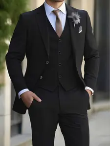 Men's 3pcs Wedding Suit Set - Navy Blue/Black/Brown Tailored Blazer, Vest & Dress Pants | Formal Wedding Groom, Prom, Business & Party Outfit | All-Season Luxury Male Tailoring Suit, Suits For Men, Wedding Suits For Men, Black Suit, Mens Clothes,