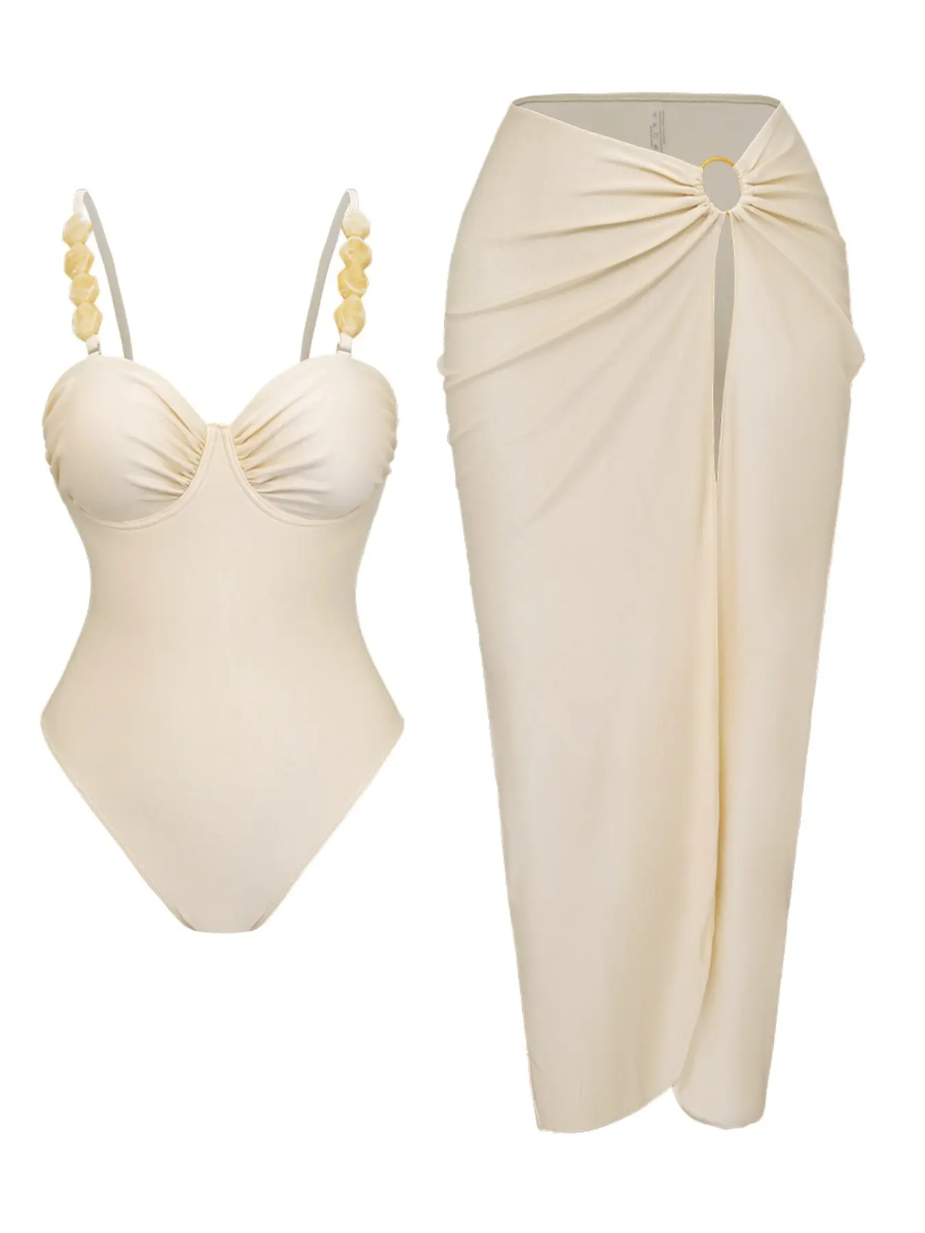 Women's Two-Piece Swimsuit Set, Cream Color Bikini and Sheer Skirt, Elegant and Unique Design, Perfect for Summer Vacation, Beach Choice, Fashion Beachwear Swimwear, Bikini With Skirt, Swimsuits Set