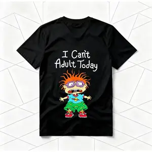 Unisex "I Can't Adult Today" Rugrats Printed Round Neck Short-Sleeve T-Shirt - American Retro 90s Cartoon Character Graphic, Casual Streetwear Top for Pop Culture Enthusiasts, Quirky Fashion Statement